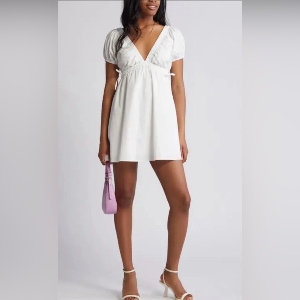 bp White Puff Sleeve Poplin Short Empire-Waist Mini Dress - L